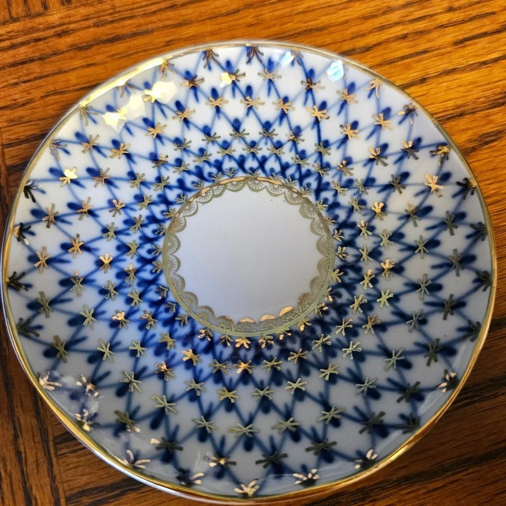 Lomonosov Imperial Porcelain Cobalt Net Tea Cup and Saucer Set Made in USSR 22K